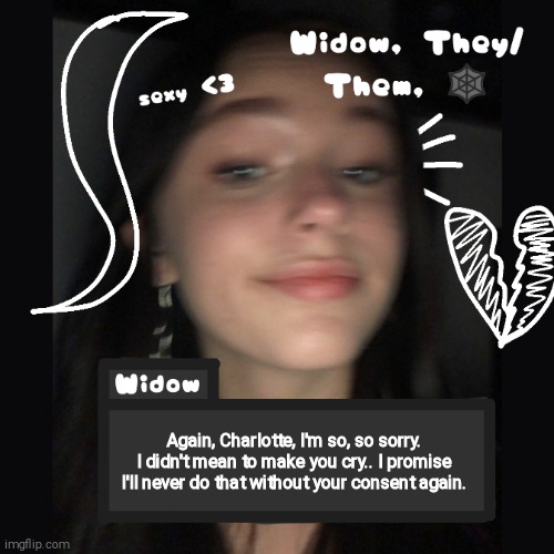 Widow | Again, Charlotte, I'm so, so sorry. I didn't mean to make you cry.. I promise I'll never do that without your consent again. | image tagged in widow | made w/ Imgflip meme maker