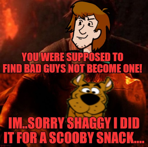 anakin and obi wan | YOU WERE SUPPOSED TO FIND BAD GUYS NOT BECOME ONE! IM..SORRY SHAGGY I DID IT FOR A SCOOBY SNACK.... | image tagged in anakin and obi wan | made w/ Imgflip meme maker