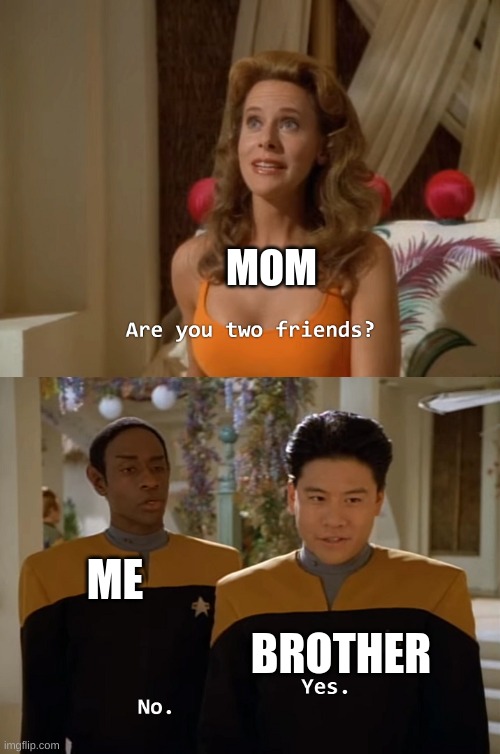 Are you two friends? | MOM; ME; BROTHER | image tagged in are you two friends | made w/ Imgflip meme maker