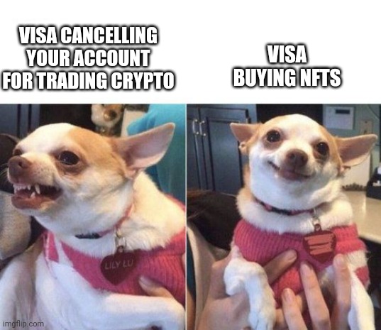 Visa buys NFT | VISA BUYING NFTS; VISA CANCELLING YOUR ACCOUNT FOR TRADING CRYPTO | image tagged in angry chihuahua happy chihuahua | made w/ Imgflip meme maker