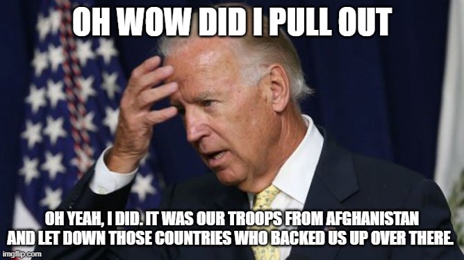 He pulled out | OH WOW DID I PULL OUT; OH YEAH, I DID. IT WAS OUR TROOPS FROM AFGHANISTAN AND LET DOWN THOSE COUNTRIES WHO BACKED US UP OVER THERE. | image tagged in afghanistan,us military,strongest nation now weakening,president biden,humanity,white house | made w/ Imgflip meme maker