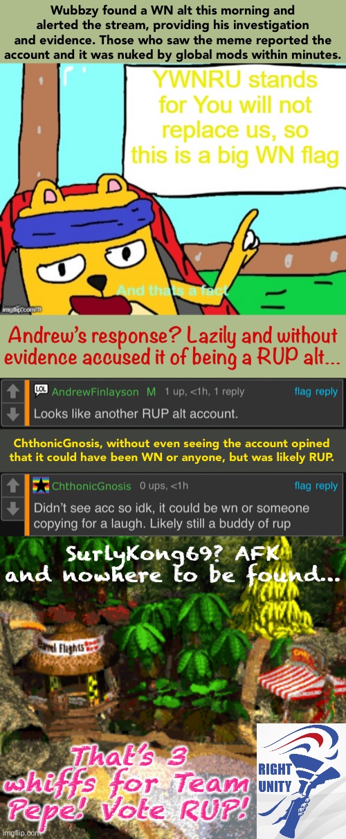 We had a WN alert today. Wubbzy defended the stream — Pepe Party showed their RUP Derangement Syndrome :) | Wubbzy found a WN alt this morning and alerted the stream, providing his investigation and evidence. Those who saw the meme reported the account and it was nuked by global mods within minutes. Andrew’s response? Lazily and without evidence accused it of being a RUP alt…; ChthonicGnosis, without even seeing the account opined that it could have been WN or anyone, but was likely RUP. SurlyKong69? AFK and nowhere to be found…; That’s 3 whiffs for Team Pepe! Vote RUP! | image tagged in pepe party announcement,rup derangement syndrome,whitenat,wn,pepe party,wubbzymon | made w/ Imgflip meme maker
