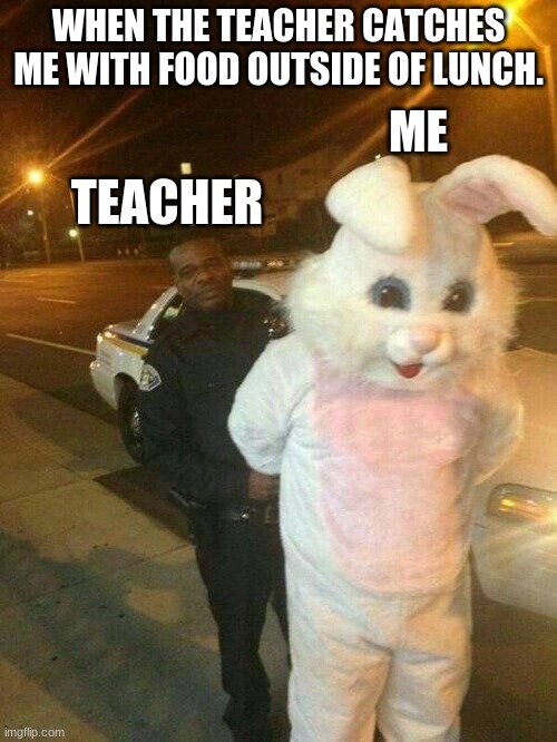 Op the easter bunny got cot with the stuff. | WHEN THE TEACHER CATCHES ME WITH FOOD OUTSIDE OF LUNCH. ME; TEACHER | image tagged in op the easter bunny got cot with weed,rabbit,easter bunny,egg,police,cars | made w/ Imgflip meme maker