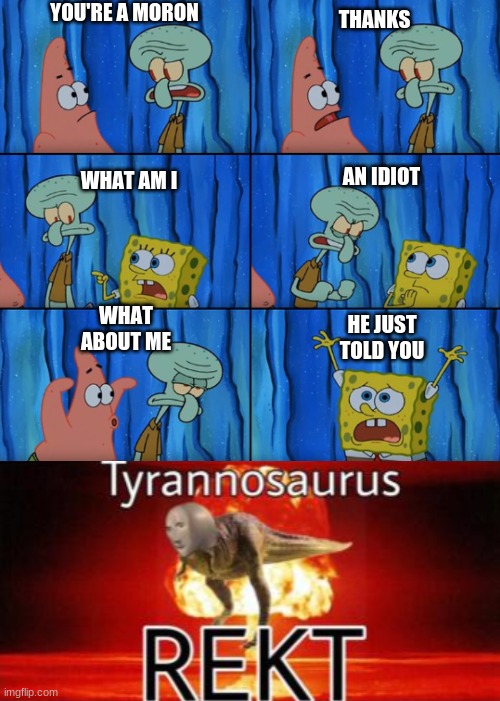 YOU'RE A MORON; THANKS; AN IDIOT; WHAT AM I; HE JUST TOLD YOU; WHAT ABOUT ME | image tagged in stop it patrick you're scaring him correct text boxes,tyrannosaurus rekt | made w/ Imgflip meme maker