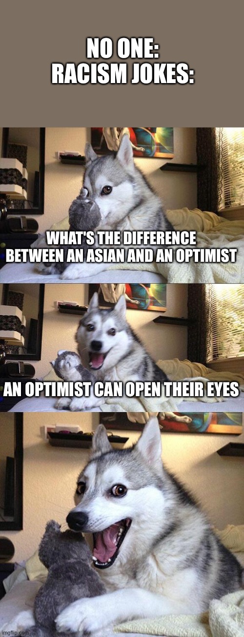 Racist jokes be like: | NO ONE:
RACISM JOKES:; WHAT'S THE DIFFERENCE BETWEEN AN ASIAN AND AN OPTIMIST; AN OPTIMIST CAN OPEN THEIR EYES | image tagged in memes,bad pun dog,racist,asian,asian stereotypes | made w/ Imgflip meme maker