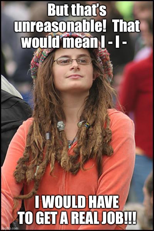 College Liberal Meme | But that’s unreasonable!  That would mean I - I - I WOULD HAVE TO GET A REAL JOB!!! | image tagged in memes,college liberal | made w/ Imgflip meme maker