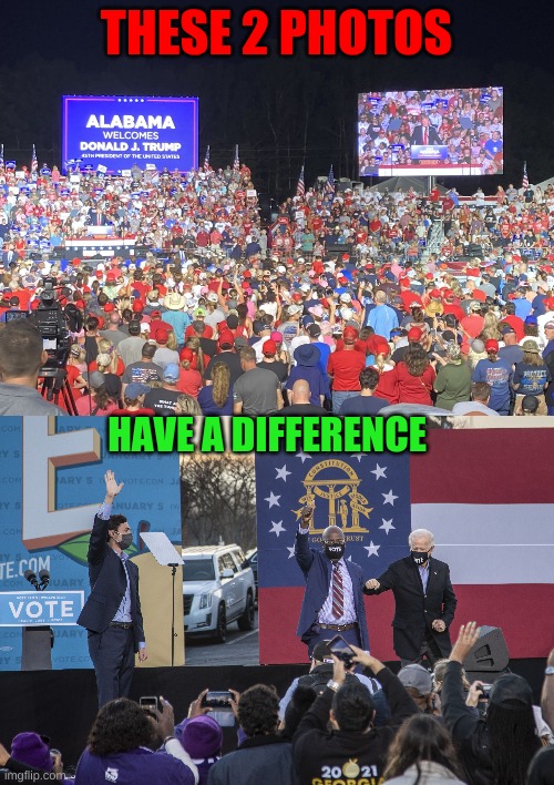 Can you spot the difference in these 2 photos? | THESE 2 PHOTOS; HAVE A DIFFERENCE | image tagged in trump rally,biden rally,trump,biden,politics,spot the difference | made w/ Imgflip meme maker