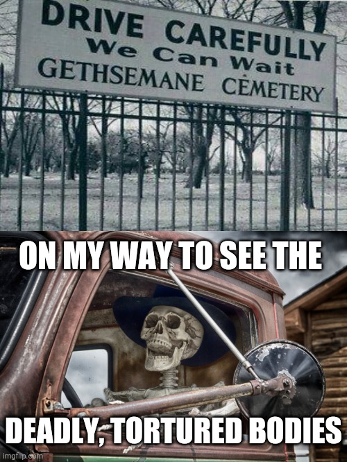 Cemetery sign | ON MY WAY TO SEE THE; DEADLY, TORTURED BODIES | image tagged in skeleton truck driver,dark humor,memes,cemetery,deadly,driving | made w/ Imgflip meme maker
