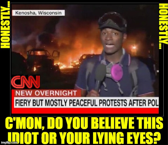 If you meet anyone who sincerely believes this is peaceful, run | HONESTLY... HONESTLY... C'MON, DO YOU BELIEVE THIS
IDIOT OR YOUR LYING EYES? | image tagged in vince vance,cnn fake news,cnn breaking news,memes,peaceful,protests | made w/ Imgflip meme maker