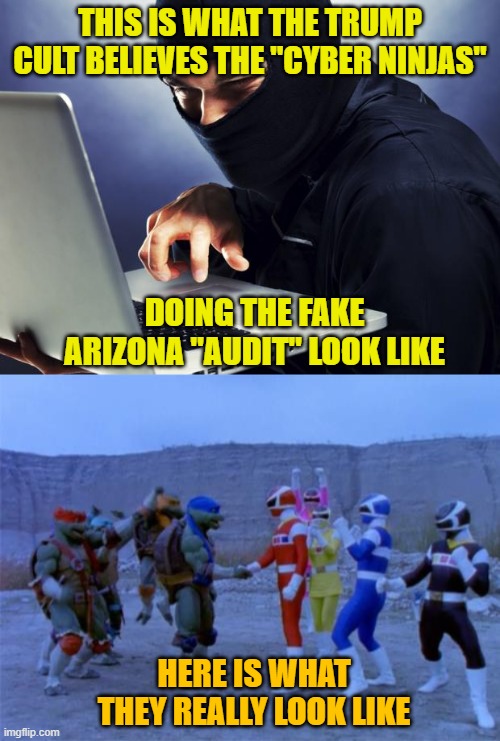 THIS IS WHAT THE TRUMP CULT BELIEVES THE "CYBER NINJAS"; DOING THE FAKE ARIZONA "AUDIT" LOOK LIKE; HERE IS WHAT THEY REALLY LOOK LIKE | image tagged in ninja,power rangers xxx ninja turtles | made w/ Imgflip meme maker