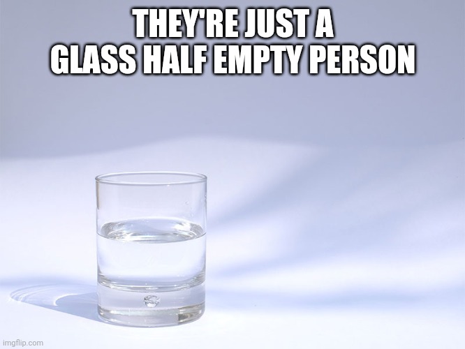 Glass half empty | THEY'RE JUST A GLASS HALF EMPTY PERSON | image tagged in glass half empty | made w/ Imgflip meme maker