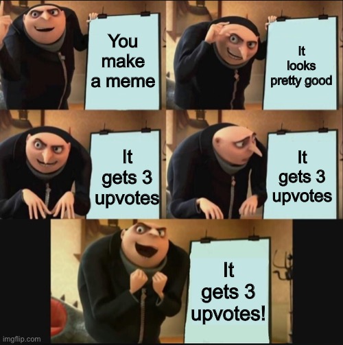 I’d be happy with just one vote |  You make a meme; It looks pretty good; It gets 3 upvotes; It gets 3 upvotes; It gets 3 upvotes! | image tagged in 5 panel gru meme,upvotes | made w/ Imgflip meme maker