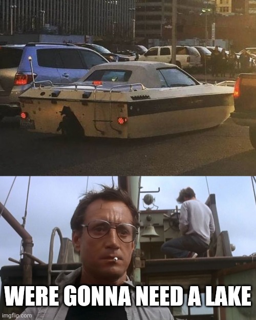 GOING SWIMMING | WERE GONNA NEED A LAKE | image tagged in going to need a bigger boat,cars,strange cars | made w/ Imgflip meme maker