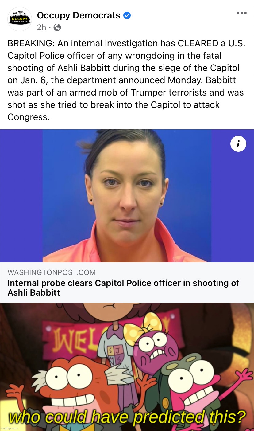 A justified police shooting? Who would have thought! | image tagged in ashli babbitt terrorist,who could have predicted this,capitol hill,riot,maga,ashli babbitt | made w/ Imgflip meme maker