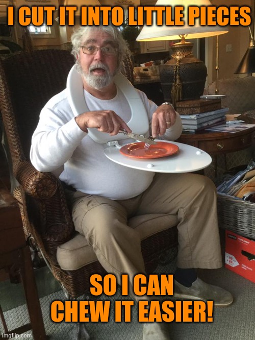 Man with toilet seat as tray table | I CUT IT INTO LITTLE PIECES SO I CAN CHEW IT EASIER! | image tagged in man with toilet seat as tray table | made w/ Imgflip meme maker