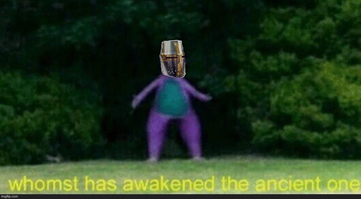 Crusader whomst has awakened the ancient one | image tagged in crusader whomst has awakened the ancient one,crusader,custom template,whomst has awakened the ancient one,helmet,dinosaur | made w/ Imgflip meme maker