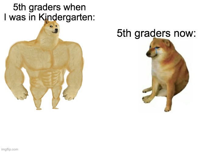 Buff Doge vs. Cheems Meme | 5th graders when I was in Kindergarten:; 5th graders now: | image tagged in memes,buff doge vs cheems | made w/ Imgflip meme maker