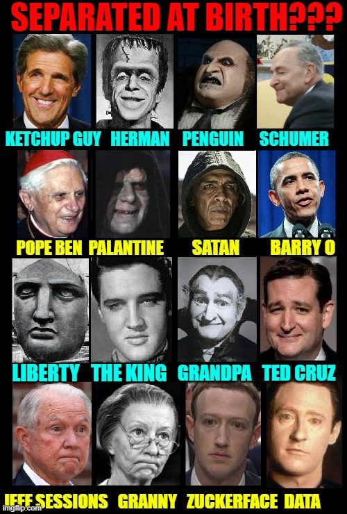 Celebrity Look-A-Likes |  SEPARATED AT BIRTH??? KETCHUP GUY   HERMAN    PENGUIN     SCHUMER; SATAN         BARRY O; POPE BEN  PALANTINE; LIBERTY   THE KING; GRANDPA   TED CRUZ; JEFF SESSIONS   GRANNY   ZUCKERFACE  DATA | image tagged in vince vance,separated at birth,look alikes,memes,elvis,statue of liberty | made w/ Imgflip meme maker