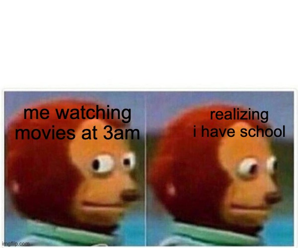 Monkey Puppet Meme | me watching movies at 3am; realizing i have school | image tagged in memes,monkey puppet | made w/ Imgflip meme maker