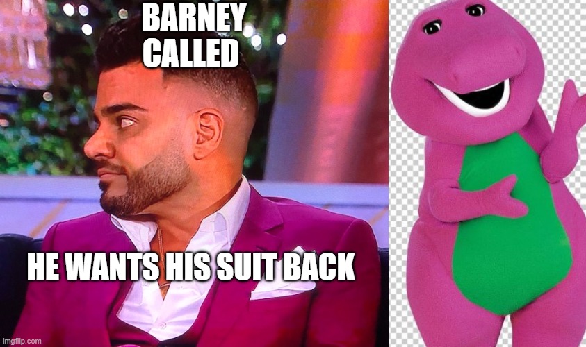 MIKE FROM SHAHS BARNEY OUTFIT | BARNEY CALLED; HE WANTS HIS SUIT BACK | image tagged in funny | made w/ Imgflip meme maker