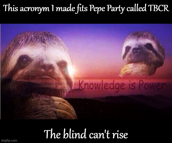 Seek the truth | This acronym I made fits Pepe Party called TBCR; The blind can't rise | image tagged in sloth knowledge is power | made w/ Imgflip meme maker