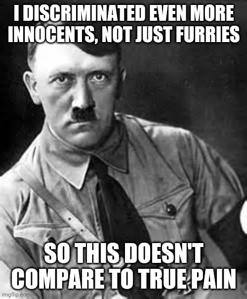 Adolf Hitler | I DISCRIMINATED EVEN MORE INNOCENTS, NOT JUST FURRIES SO THIS DOESN'T COMPARE TO TRUE PAIN | image tagged in adolf hitler | made w/ Imgflip meme maker