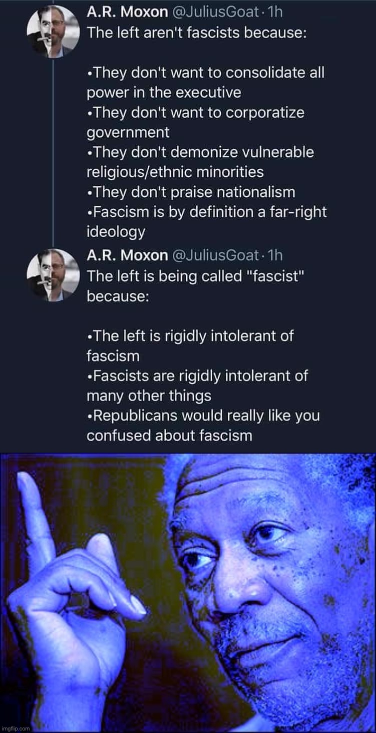 The Left is not fascist. | image tagged in the left is not fascist,morgan freeman this blue version,fascists,fascism,fascist,conservative logic | made w/ Imgflip meme maker