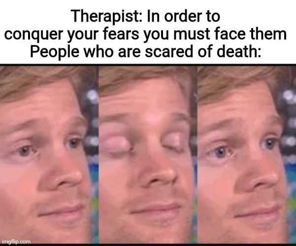 Jumps off a cliff | Therapist: In order to conquer your fears you must face them
People who are scared of death: | image tagged in blinking guy | made w/ Imgflip meme maker