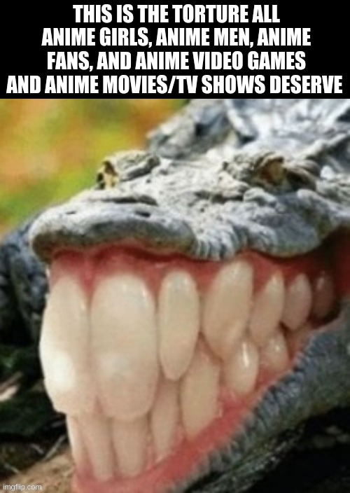 This is what they deserve | THIS IS THE TORTURE ALL ANIME GIRLS, ANIME MEN, ANIME FANS, AND ANIME VIDEO GAMES AND ANIME MOVIES/TV SHOWS DESERVE | image tagged in anti anime,gator,haha yes die anime fans | made w/ Imgflip meme maker