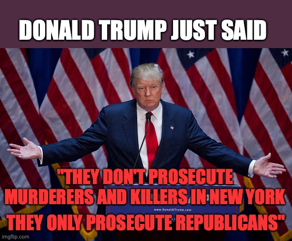 Donald Trump | DONALD TRUMP JUST SAID; "THEY DON'T PROSECUTE MURDERERS AND KILLERS IN NEW YORK; THEY ONLY PROSECUTE REPUBLICANS" | image tagged in donald trump | made w/ Imgflip meme maker