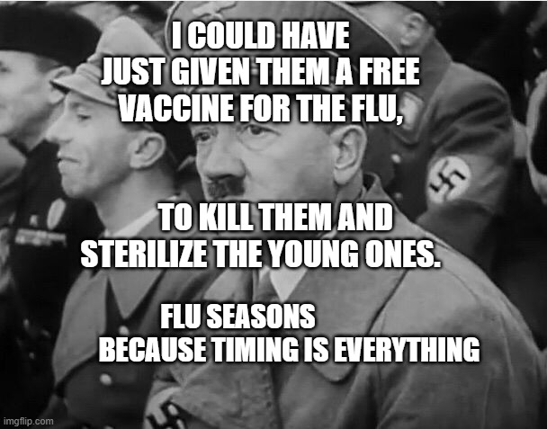 sad hitler | I COULD HAVE JUST GIVEN THEM A FREE VACCINE FOR THE FLU,                                              TO KILL THEM AND STERILIZE THE YOUNG ONES. FLU SEASONS                     BECAUSE TIMING IS EVERYTHING | image tagged in sad hitler | made w/ Imgflip meme maker