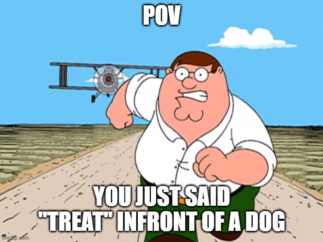 lol | POV; YOU JUST SAID "TREAT" INFRONT OF A DOG | image tagged in peter griffin running away | made w/ Imgflip meme maker