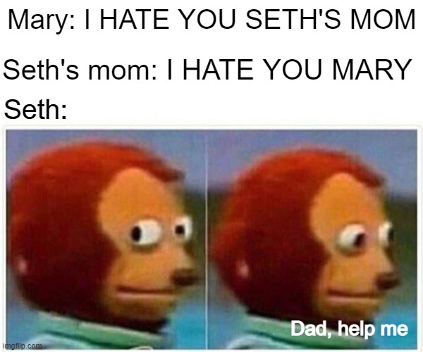 :) | Mary: I HATE YOU SETH'S MOM; Seth's mom: I HATE YOU MARY; Seth:; Dad, help me | image tagged in memes,monkey puppet | made w/ Imgflip meme maker