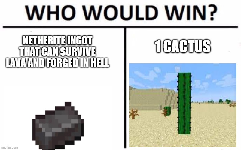 Who Would Win? | NETHERITE INGOT THAT CAN SURVIVE LAVA AND FORGED IN HELL; 1 CACTUS | image tagged in memes,who would win | made w/ Imgflip meme maker