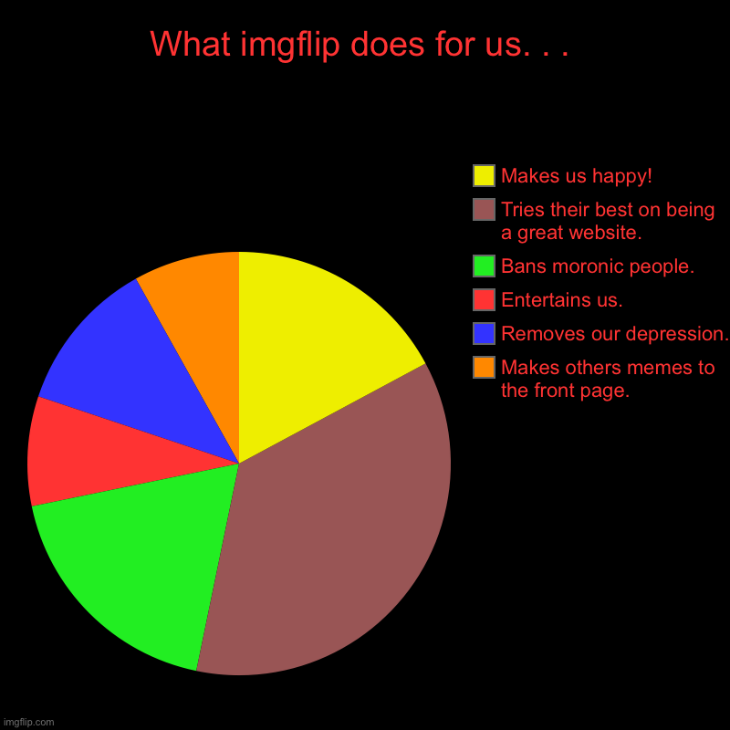 What imgflip does for us. . . | Makes others memes to the front page., Removes our depression., Entertains us., Bans moronic people., Tries  | image tagged in charts,pie charts | made w/ Imgflip chart maker