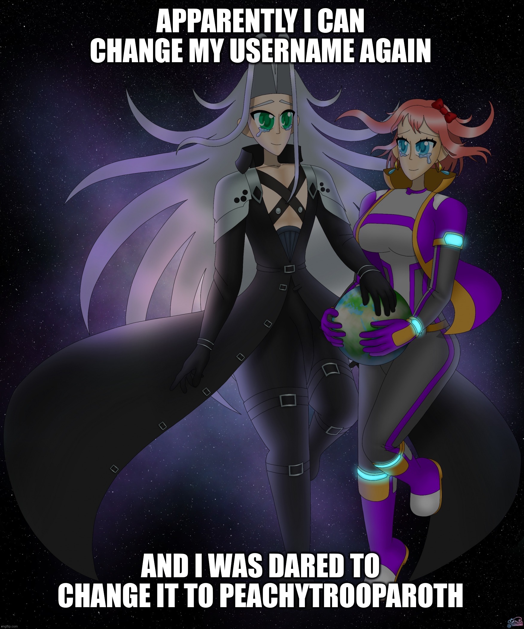 5 upvotes and I’ll do it right now | APPARENTLY I CAN CHANGE MY USERNAME AGAIN; AND I WAS DARED TO CHANGE IT TO PEACHYTROOPAROTH | image tagged in sayori and sephiroth | made w/ Imgflip meme maker