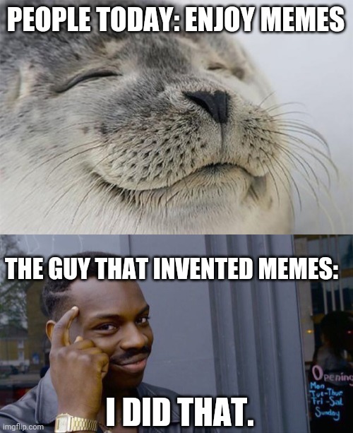 PEOPLE TODAY: ENJOY MEMES; THE GUY THAT INVENTED MEMES:; I DID THAT. | image tagged in memes,satisfied seal,roll safe think about it | made w/ Imgflip meme maker