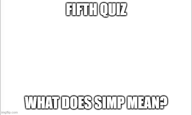 white background | FIFTH QUIZ; WHAT DOES SIMP MEAN? | image tagged in white background | made w/ Imgflip meme maker