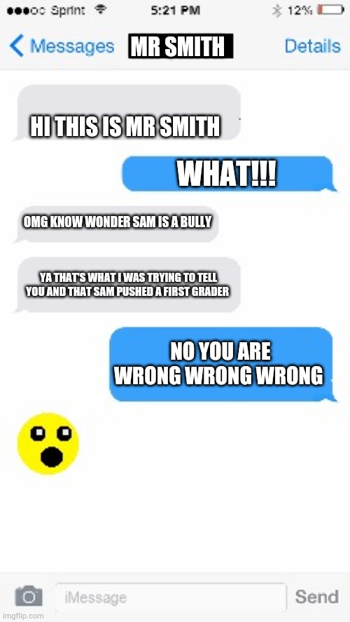 Text Conversation | MR SMITH; HI THIS IS MR SMITH; WHAT!!! OMG KNOW WONDER SAM IS A BULLY; YA THAT'S WHAT I WAS TRYING TO TELL YOU AND THAT SAM PUSHED A FIRST GRADER; NO YOU ARE WRONG WRONG WRONG | image tagged in text conversation | made w/ Imgflip meme maker