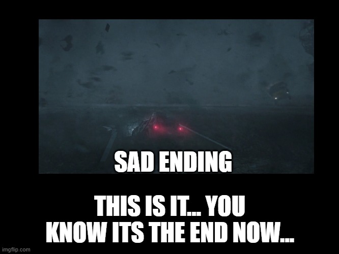 into the storm!? | SAD ENDING; THIS IS IT... YOU KNOW ITS THE END NOW... | image tagged in sad | made w/ Imgflip meme maker