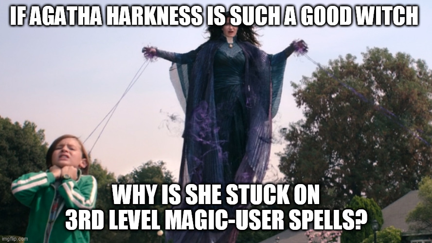 Maybe MCU Hasn't Heard of Teleportation? (BAMF!!!) | IF AGATHA HARKNESS IS SUCH A GOOD WITCH; WHY IS SHE STUCK ON 3RD LEVEL MAGIC-USER SPELLS? | image tagged in mcu,wandavision,agatha harkness,dungeons and dragons,3rd level magic user spells | made w/ Imgflip meme maker