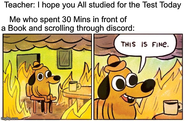Basically it tbh | Teacher: I hope you All studied for the Test Today; Me who spent 30 Mins in front of a Book and scrolling through discord: | image tagged in memes,this is fine | made w/ Imgflip meme maker