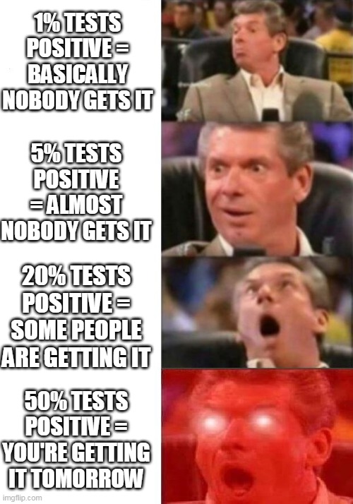 Virus testing for dummies | 1% TESTS POSITIVE = BASICALLY NOBODY GETS IT; 5% TESTS POSITIVE = ALMOST NOBODY GETS IT; 20% TESTS POSITIVE = SOME PEOPLE ARE GETTING IT; 50% TESTS POSITIVE = YOU'RE GETTING IT TOMORROW | image tagged in mr mcmahon reaction,coronavirus,virus | made w/ Imgflip meme maker
