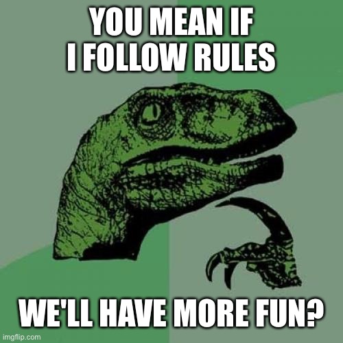 Philosoraptor Meme | YOU MEAN IF I FOLLOW RULES WE'LL HAVE MORE FUN? | image tagged in memes,philosoraptor | made w/ Imgflip meme maker