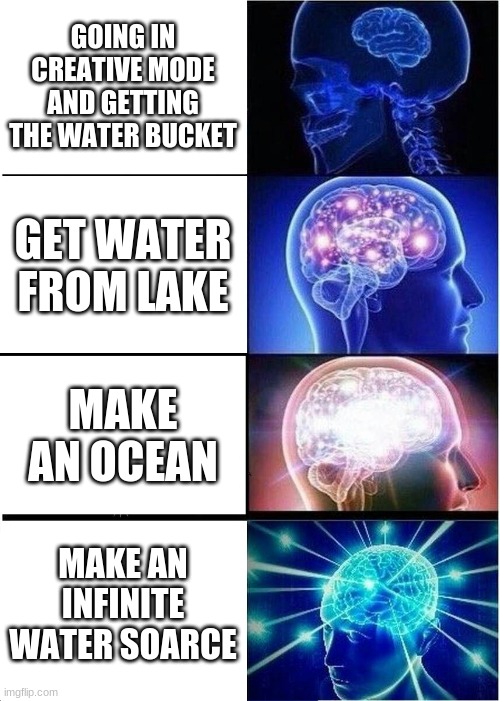 Getting water in Minecraft | GOING IN CREATIVE MODE AND GETTING THE WATER BUCKET; GET WATER FROM LAKE; MAKE AN OCEAN; MAKE AN INFINITE WATER SOURCE | image tagged in memes,expanding brain | made w/ Imgflip meme maker