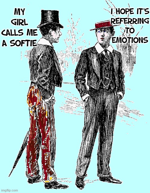 Tho' it wasn't called that in the Twenties, E.D. existed |  I HOPE IT'S
REFERRING
TO
EMOTIONS; MY GIRL CALLS ME A SOFTIE | image tagged in vince vance,memes,art,1920s,emotional,men | made w/ Imgflip meme maker