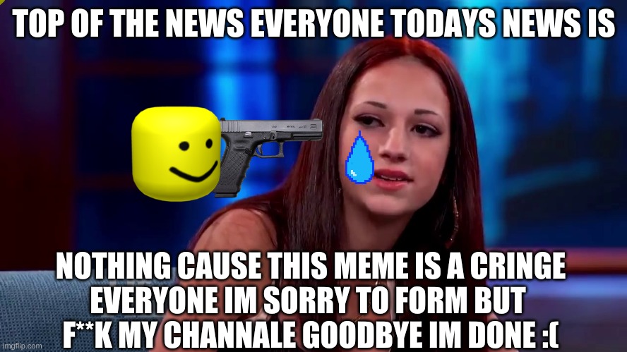 goodbye | TOP OF THE NEWS EVERYONE TODAYS NEWS IS; NOTHING CAUSE THIS MEME IS A CRINGE
EVERYONE IM SORRY TO FORM BUT 
F**K MY CHANNALE GOODBYE IM DONE :( | image tagged in catch me outside how bout dat | made w/ Imgflip meme maker