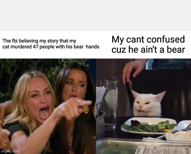 ren | The fbi believing my story that my cat murdered 47 people with his bear  hands; My cant confused cuz he ain't a bear | image tagged in memes,woman yelling at cat,im sober but in reverse | made w/ Imgflip meme maker
