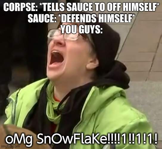 snowflake | CORPSE: *TELLS SAUCE TO OFF HIMSELF*
SAUCE: *DEFENDS HIMSELF*
YOU GUYS:; oMg SnOwFlaKe!!!!1!!1!1! | image tagged in snowflake | made w/ Imgflip meme maker