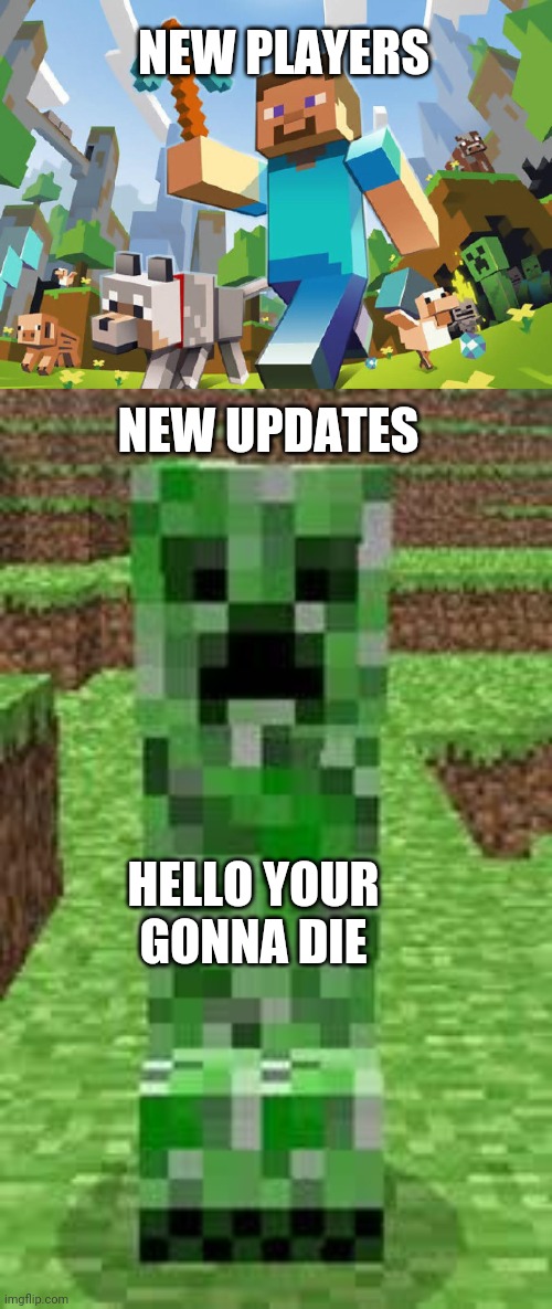 NEW PLAYERS; NEW UPDATES; HELLO YOUR GONNA DIE | image tagged in minecraft,creeper | made w/ Imgflip meme maker